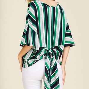 Back Knot Ruffle Sleeves Striped Top
